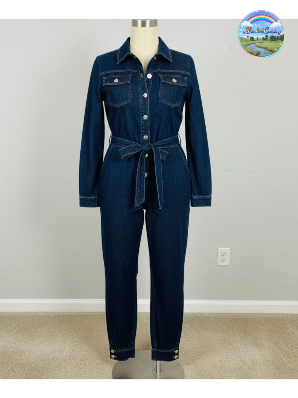 Plus Size Denim Jumpsuit Long Sleeve Button Down Collar Belted One Piece Overall